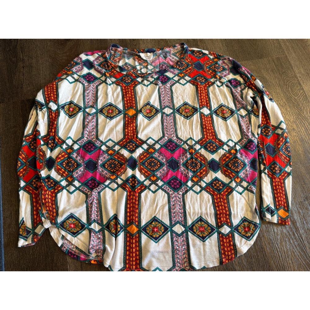Fantastic Fawn Womens Medium Geometric Medallion Print Long Sleeve Boho Top Red
